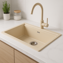 GraniteMy Universal granieten beige zand spoelbak 55x40 cm opbouw onderbouw en vlakinbouw met rvs plug 1208968012
